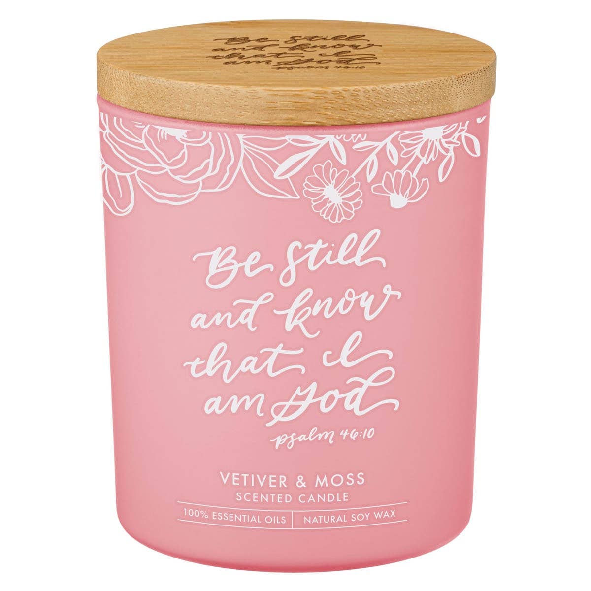 Glass Candle w/Bamboo Lid Pink Be Still Ps. 46:10